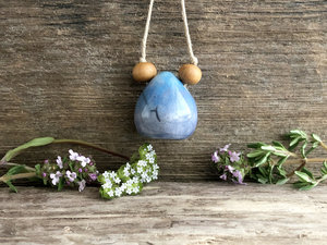 Little raindrop ceramic pendant w/ sandalwood on adjustable flax cord | Shinto, shamanism totem, nature spirit guardian, water magic