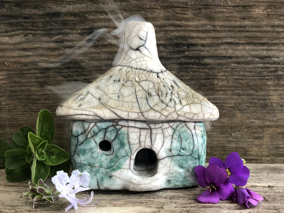 Raku spirit house, kurinuki ceramic cottage | Shinto shrine, pagan, shamanism | incense, magical, fairycore, goblincore, wabi-sabi gift