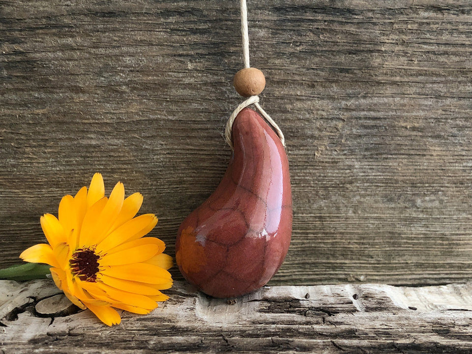 Calm worry pendant (red-orange) w/ sandalwood in raku ceramic | adjustable eco flax cord | stress talisman, fidget, sensory jewellery gift