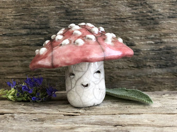 Sweet raku ceramic fly agaric mushroom sculpture. Lovely statue for pagan, shamanism, Shinto, nature table, seasonal celebrations. A smiley red and white fairy-ring mushroom!