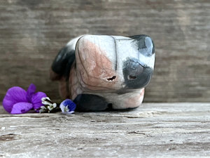 Little raku ceramic cat spirit kami sculpture glazed in a calico pattern (orange, grey, and white) and with a kind, gentle face.