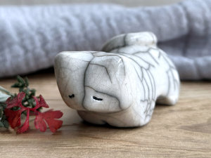 Sleepy white cat kami sculpture | cute guardian for Shinto, shamanism