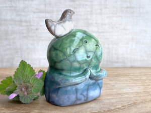 Happy peace Jizo with bird friend sculpture | raku shamanism totem, Shinto shrine