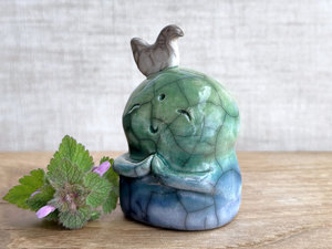 Happy peace Jizo with bird friend sculpture | raku shamanism totem, Shinto shrine
