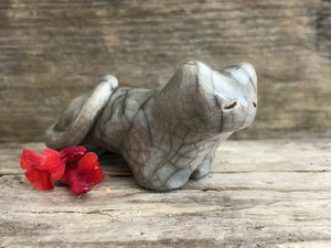 Sweet grey cat kami raku sculpture | Shinto kamidana shrine statue, shamanism, paganism | protector, guardian spirit, totem, kawaii