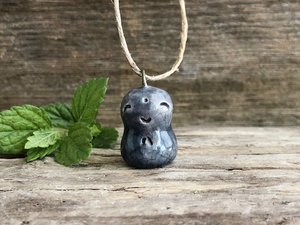 Small blue happy Jizo pendant in raku ceramic | adjustable eco flax cord | Shinto guardian spirit, bodhisattva, protection, grief and hope