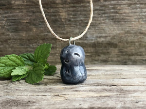 Small blue happy Jizo pendant in raku ceramic | adjustable eco flax cord | Shinto guardian spirit, bodhisattva, protection, grief and hope