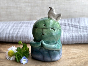 Happy peace Jizo with bird friend raku sculpture | shamanism totem, Shinto shrine