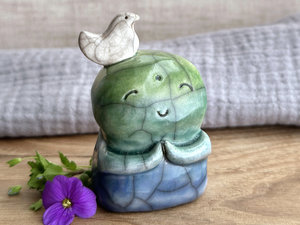 Happy peace Jizo with bird friend sculpture | raku shamanism totem, Shinto shrine