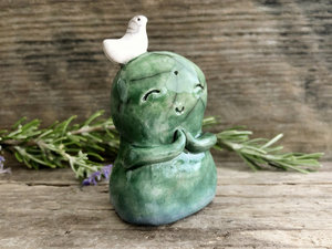Happy Jizo peace hug with bird | raku ceramic Shinto kamidana shrine sculpture | protection, guardian, grief and loss, friend statue