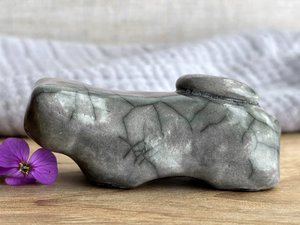 Sleepy grey cat kami guardian spirit sculpture | Shinto shamanism raku statue