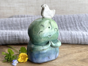 Happy peace Jizo with bird friend sculpture | raku shamanism totem, Shinto shrine