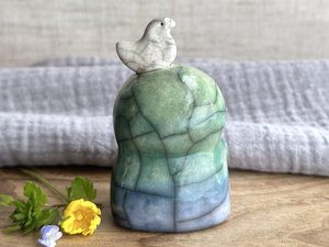 Happy peace Jizo with bird friend sculpture | raku shamanism totem, Shinto shrine