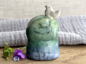 Happy peace Jizo with friend bird sculpture | raku shamanism totem, Shinto shrine