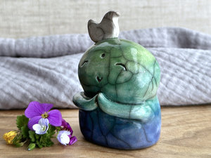 Happy peace Jizo with bird friend sculpture | raku shamanism totem, Shinto shrine