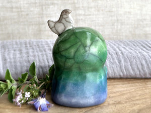 Happy peace Jizo with bird friend sculpture | raku shamanism totem, Shinto shrine