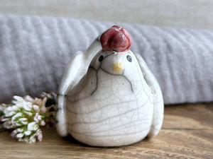 Gently concerned chicken friend raku sculpture | Shinto guardian, shamanism statue
