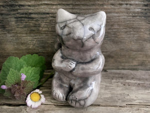 Gentle kitsune fox kami nature spirit raku sculpture | Shinto kamidana shrine statue Inari Okami | shamanism totem, protection, guardian