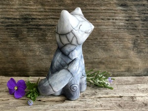 Spiral moon fox kitsune kami spirit raku sculpture | Shinto kamidana shrine statue Inari | shamanism, guardian, pagan celtic folk art