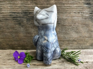 Spiral moon fox kitsune kami spirit raku sculpture | Shinto kamidana shrine statue Inari | shamanism, guardian, pagan celtic folk art