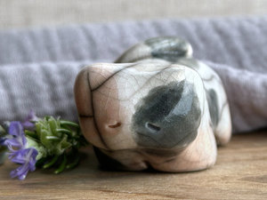 Sleepy, gentle calico cat kami sculpture | nature spirit guardian figure, Shinto, shamanism