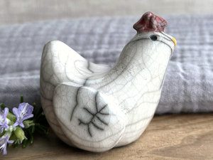Pensive chicken friend raku sculpture | Shinto guardian, shamanism statue
