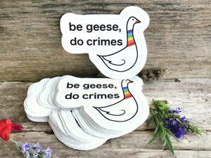 be geese, do crimes sticker | recycled paper, plastic free, rainbow goose
