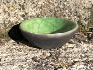 Small raku offering bowl in green for prayer, shrine, altar, ceremony, wishing, intention | Shinto, shamanism, pagan | sacred art