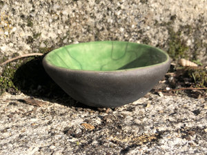 Small raku offering bowl in green for prayer, shrine, altar, ceremony, wishing, intention | Shinto, shamanism, pagan | sacred art