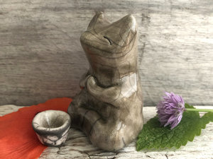 Wise meditating kitsune fox spirit kami raku statue | Inari Okami Shinto kamidana shrine sculpture, shamanism paganism | protection