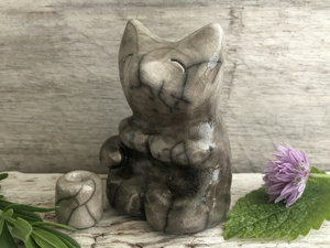 Gentle meditating kitsune fox spirit kami raku statue | Inari Okami Shinto kamidana shrine sculpture, shamanism paganism | protection