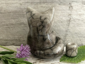 Gentle meditating kitsune fox spirit kami raku statue | Inari Okami Shinto kamidana shrine sculpture, shamanism paganism | protection