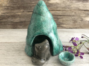 Ceramic raku Shinto Inari kitsune fox kami spirit sculputre glazed in grey with a turquoise mountain shrine and a little bowl.