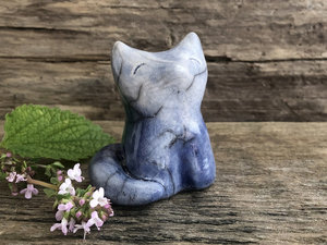 A sweet and joyful Shinto Inari moon-gazing kitsune fox kami spirit ceramic raku statue glazed in shades of blue.