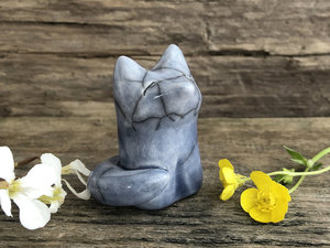 A sweet and joyful Shinto Inari moon-gazing kitsune fox kami spirit ceramic raku statue glazed in shades of blue.