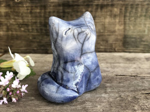 A sweet and joyful Shinto Inari moon-gazing kitsune fox kami spirit ceramic raku statue glazed in shades of blue