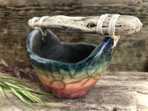 Rainbow raku ceramic and driftwood bucket sculpture | altar, shrine, Shinto Shamanism paganism | wabi-sabi, rustic ritual, ceremony