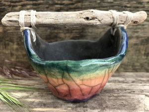 Rainbow raku ceramic and driftwood bucket sculpture | altar, shrine, Shinto Shamanism paganism | wabi-sabi, rustic ritual, ceremony