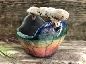 Rainbow raku ceramic and driftwood bucket sculpture | altar, shrine, Shinto Shamanism paganism | wabi-sabi, rustic ritual, ceremony