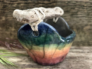 Rainbow raku ceramic and driftwood bucket sculpture | altar, shrine, Shinto Shamanism paganism | wabi-sabi, rustic ritual, ceremony