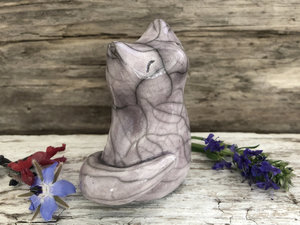 Gentle, magical kitsune fox kami nature spirit raku statue | Shinto kamidana shrine sculpture Inari Okami | shamanism, protection, guardian