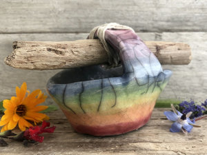 Rainbow raku ceramic & driftwood basket sculpture | Shinto Shamanism paganism | wabi-sabi, rustic ritual, ceremony, pride