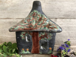 Violet cottage, raku spirit house, kurinuki ceramic | Shinto shrine, pagan altar, shamanism | witch, incense, magical, fairy