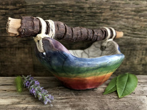 Rainbow raku ceramic and driftwood basket sculpture | altar, shrine, Shinto Shamanism paganism | wabi-sabi, rustic ritual, ceremony