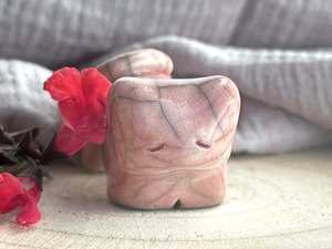 Sleepy pink cat kami sculpture | cute guardian for Shinto, shamanism