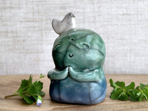 Happy peace Jizo with bird friend sculpture | raku shamanism totem, Shinto shrine