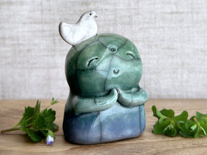 Happy peace Jizo with bird friend sculpture | raku shamanism totem, Shinto shrine