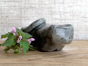 Sleepy grey cat kami guardian spirit raku sculpture | Shinto shamanism statue