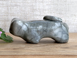 Sleepy grey cat kami guardian spirit raku sculpture | Shinto shamanism statue