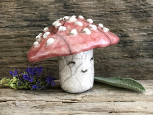 Fly agaric mushroom kami nature spirit | autumn fall goblincore raku sculpture decoration | pagan altar, nature table, Shinto shrine